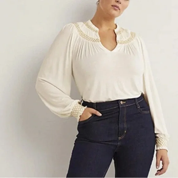Boden WOMEN'S US 6 Ivory Smocked Yoke Gold Metallic Top Blouse Shirt NEW. 46 - Picture 2 of 7